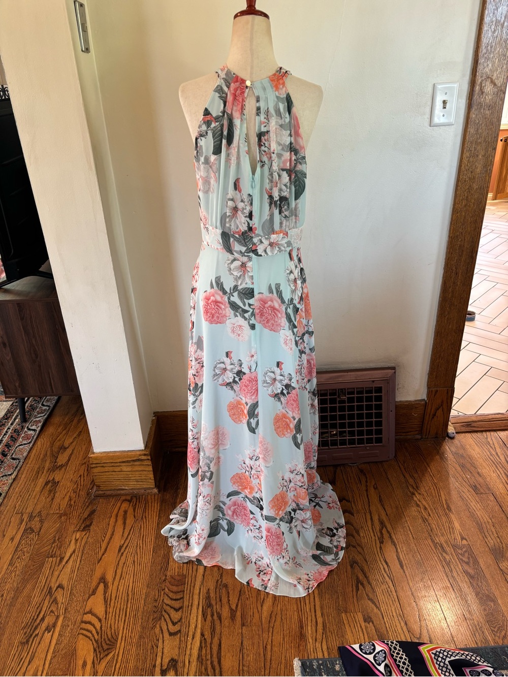 Eliza J Floral Halter Gown Maxi Dress Tie Neck Boho Preppy Wedding Blue Size 6 - Picture 4 of 6